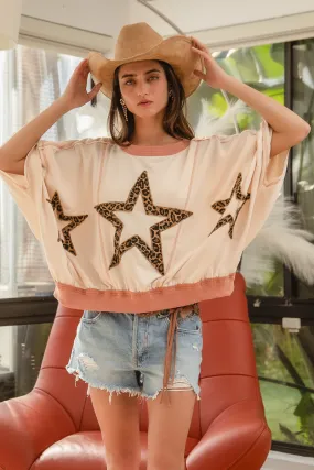 Light Look IT3796G-14P | LEOPARD PRINT STARS PATCHWORK OVERLOCK STITCH SHORT SLEEVES TOP