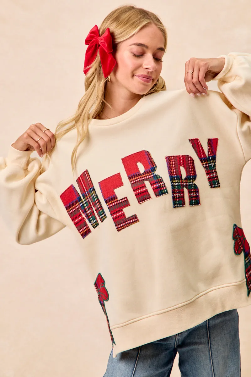 No Gap Waistband IT3797G-04P | CHRISTMAS PLAID MERRY SIDE BOW PATCHES SWEATSHIRT