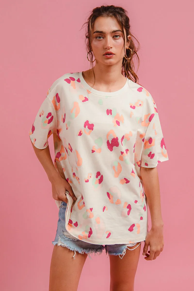 HybridLayerCompatibility Airtight Seam Sealing IT3809R-01 | LEOPARD PRINTED FRENCH TERRY KNIT CUT EDGE SHORT SLEEVE TOP