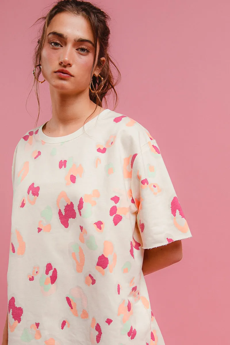 Layered Drape Oversized style IT3809R-01 | LEOPARD PRINTED FRENCH TERRY KNIT CUT EDGE SHORT SLEEVE TOP