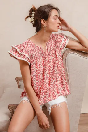 IT3883-01 | PRINTED WITH SMOCKING DETAILS AND WAVY TRIM SHORT SLEEVES TOP Airtight Fasteners