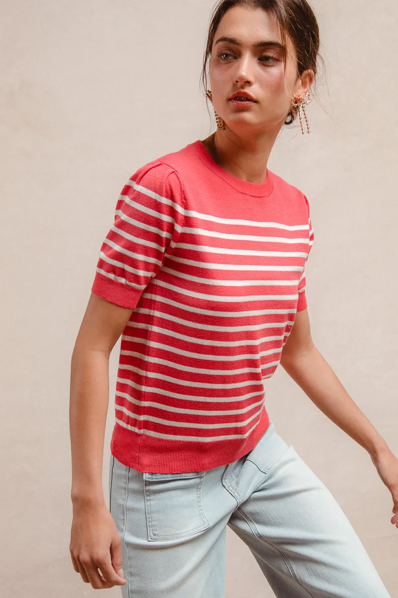 ConvertibleCollar Weekend Style IT4004R-01 | STRIPE SWEATER ROUND NECK TOP