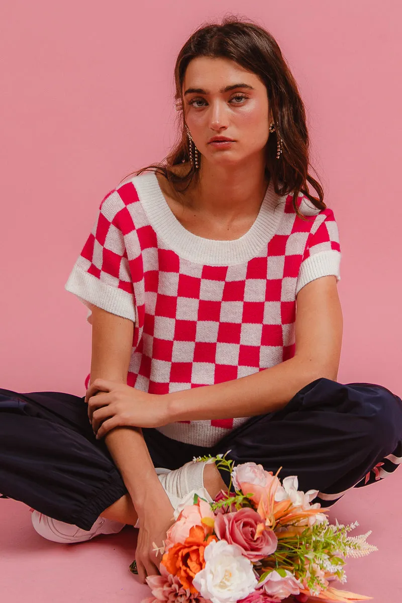 Mild Weather Layer IT4032S-02 | CHECKER PRINTED SCOOP NECK KNIT TOP