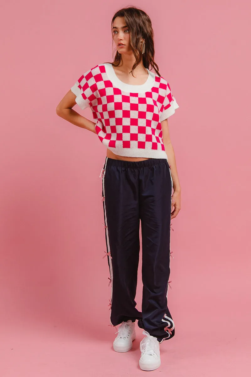 IT4032S-02 | CHECKER PRINTED SCOOP NECK KNIT TOP Zippered Closures Noise Free Zippers