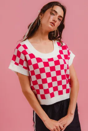 IT4032S-02 | CHECKER PRINTED SCOOP NECK KNIT TOP Headphone Hole Full Length Zipper Closure