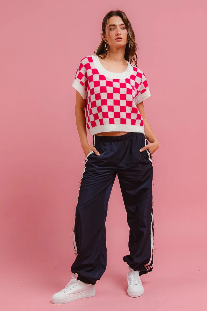 Quilted Stitching Pattern IT4032S-02 | CHECKER PRINTED SCOOP NECK KNIT TOP