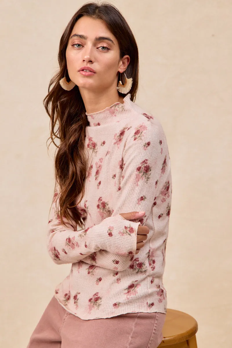 IT4077S-07 | HIGH NECKLINE TEXTUR FLORAL PRINTED TOP WITH THUMB Stylish Tank AntiPillingSurface