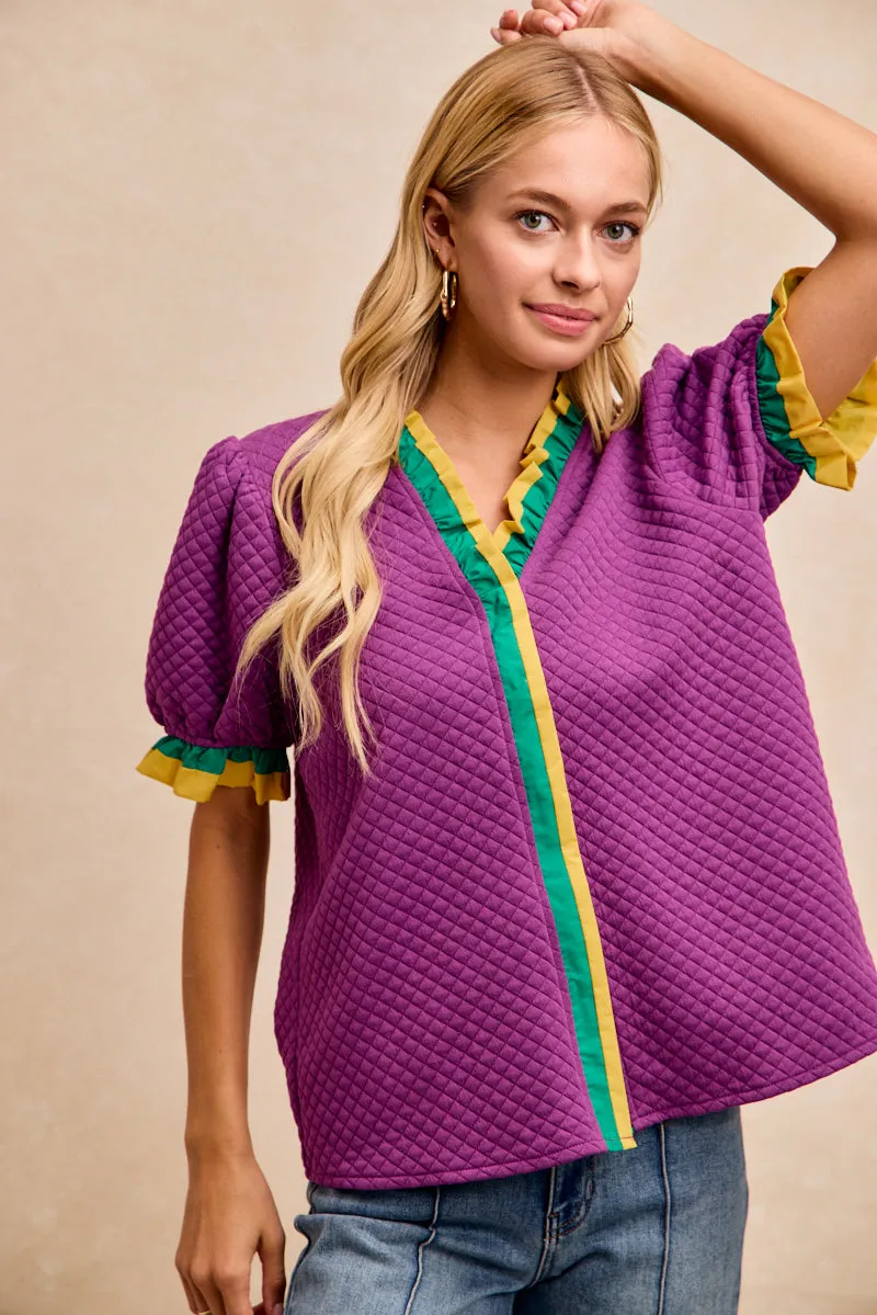 Lightweight Layering Option IT4082G-04 | MARDI GRAS WOVEN CONTRAST RUFFLED PUFF SLEEVES TOP