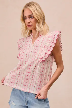 NonRestrictiveFit Hydrophobic Treatment IT4108R-01 | PRINTED WOVEN SCALLOPE EDGE DETAIL RUFFLED SLEEVES V NECK TOP