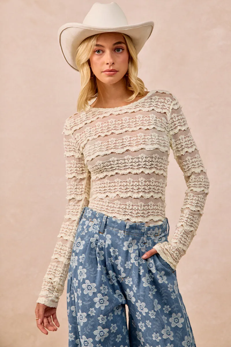 IT4139-01 | RUFFLES DETAIL FLOWER LACE TOP Temperature Regulating Fabric