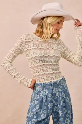 IT4139-01 | RUFFLES DETAIL FLOWER LACE TOP Basic Fit Elastic Hem Adjustment