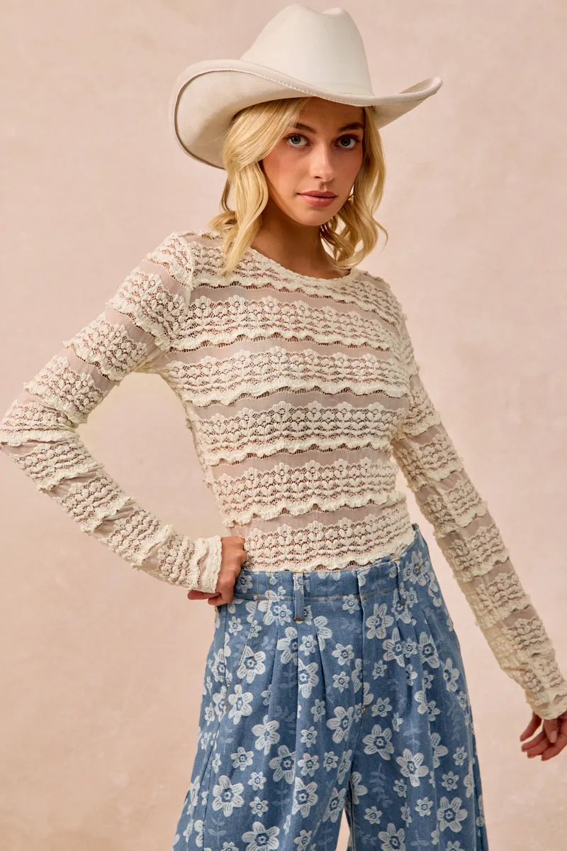 IT4139-01 | RUFFLES DETAIL FLOWER LACE TOP HeatRetentionTechnology