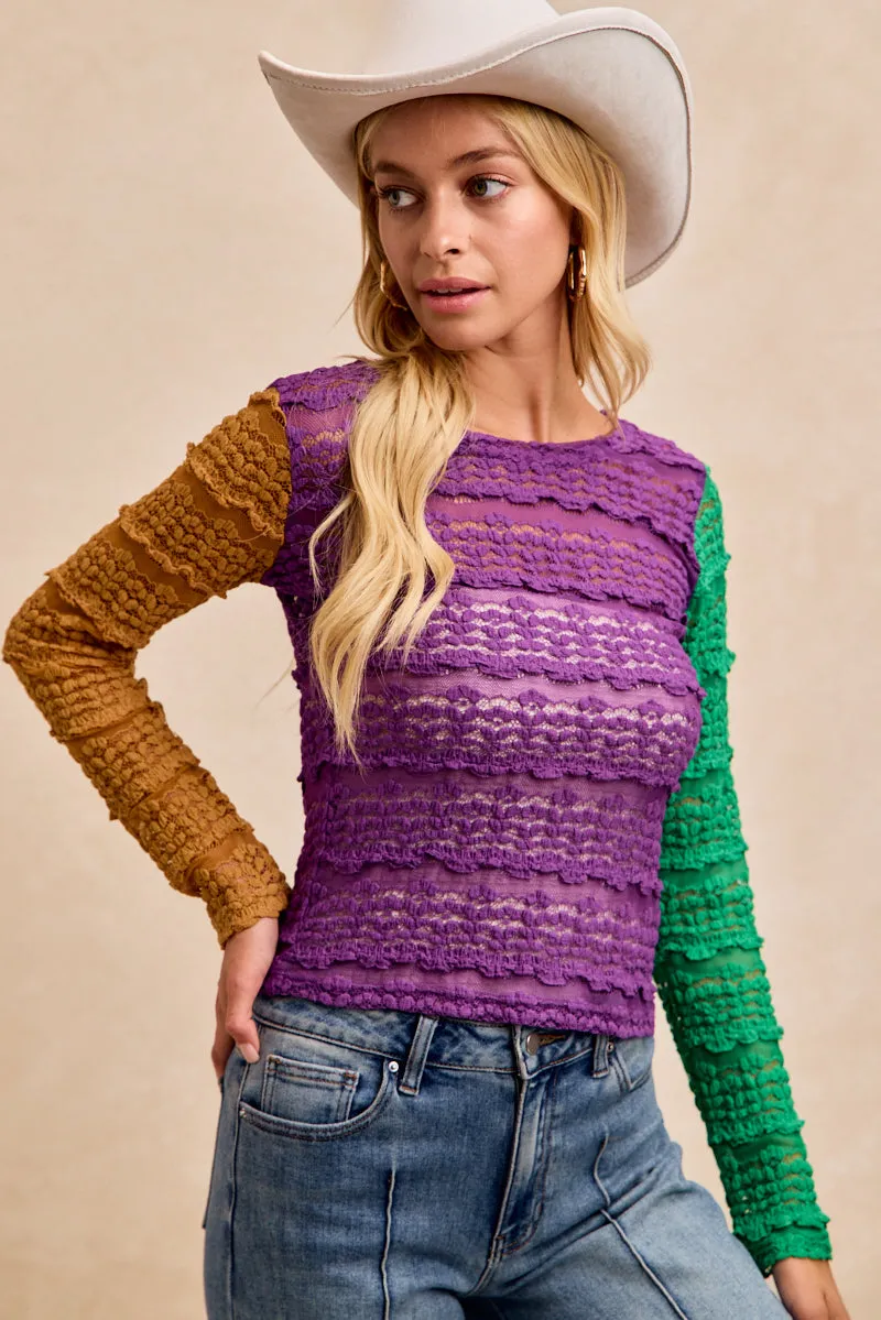 IT4139G-03 | RUFFLES DETAIL MARDI GRAS COLOR BLOCK FLOWER TOP All Day Fit