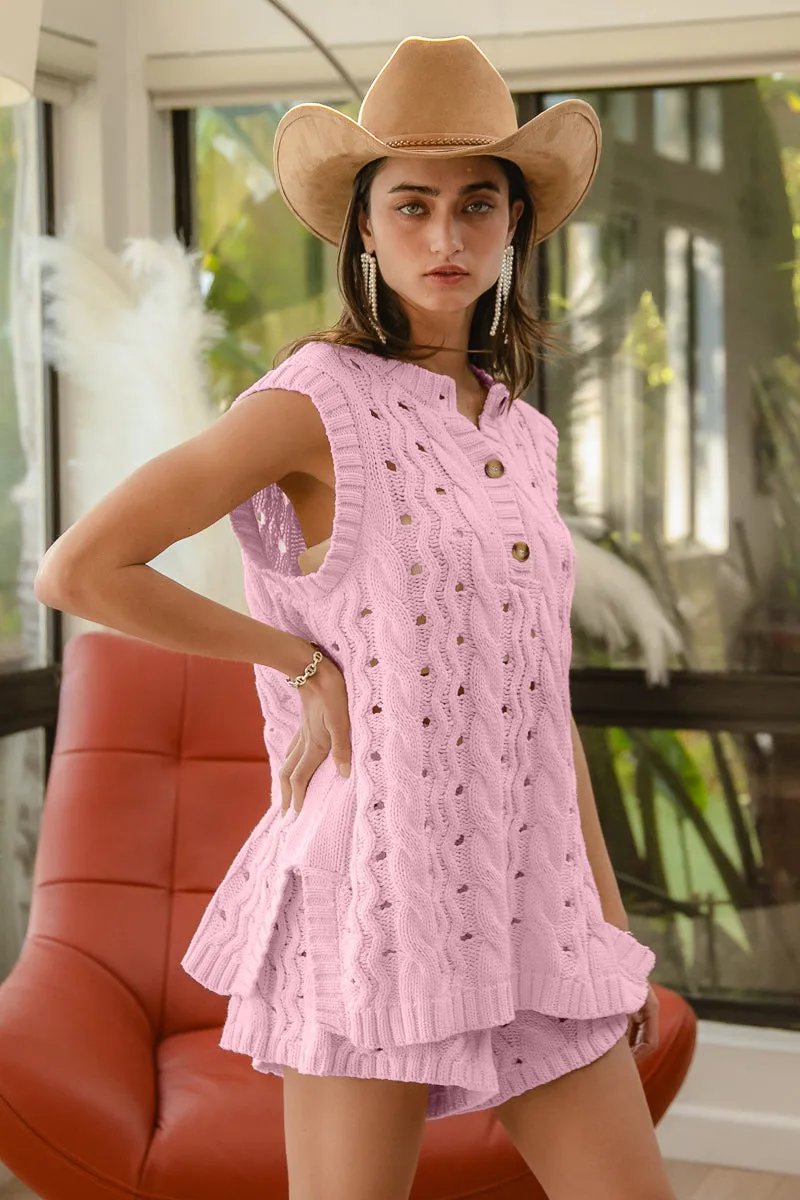 Weight Distribution System IT4143-01 | CABLE KNIT BUTTONED SLEEVELESS TOP