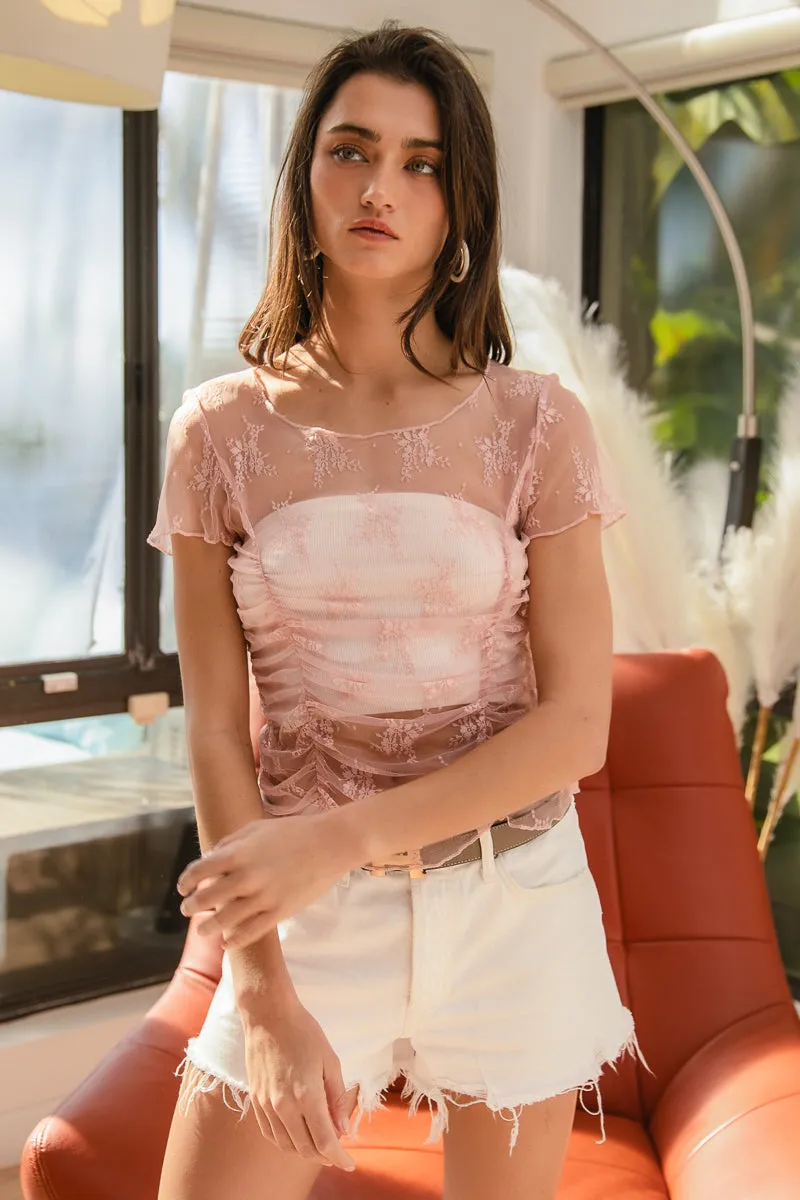 IT4146-01 | FLORAL PATTERNS MESH LACE WITH SHORT SLEEVES TOP Waist Belt