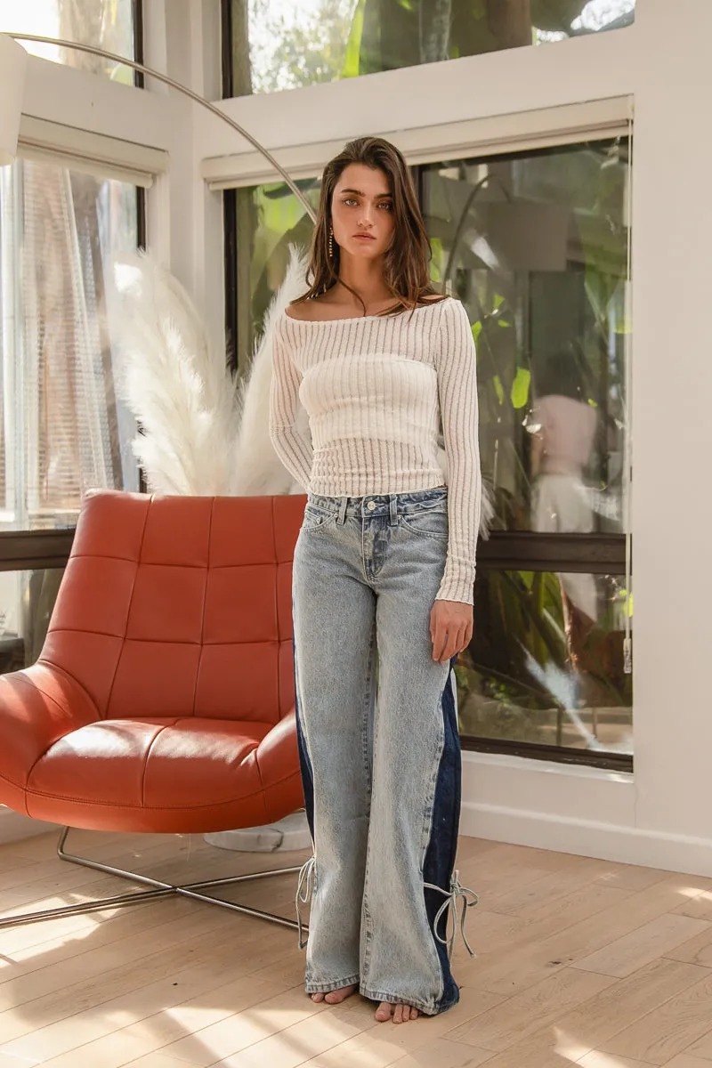 Flexible Cuffs Mid Length Design IT4166-01 | TEXTURED SHEER BOAT NECK TOP