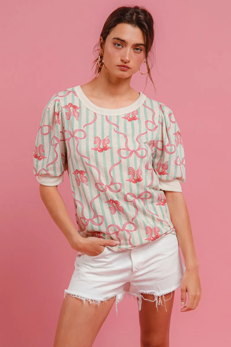 IT4171R-01M | BOW RIBBON PRINTED PUFF SLEEVES TOP Seasonal Trend Autumn Vibe