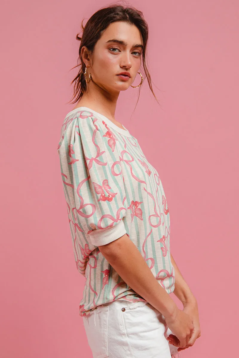 IT4171R-01M | BOW RIBBON PRINTED PUFF SLEEVES TOP Taped Neckline Compression Fit