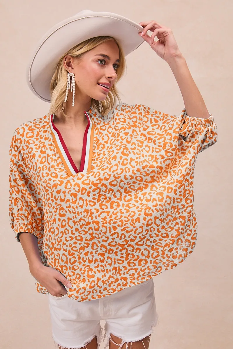 Elegant Evening All Weather Performance IT4177R-02 | LEOPARD PRINTED WOVEN CONTRAST BANDED DOLMAN SLEEVES V NECK BLOUSE