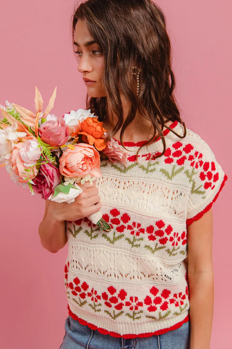 Easy Fit IT4192-01P | FLOWER PRINTED CRONCHET KNIT SCALLOPED EDGE TOP