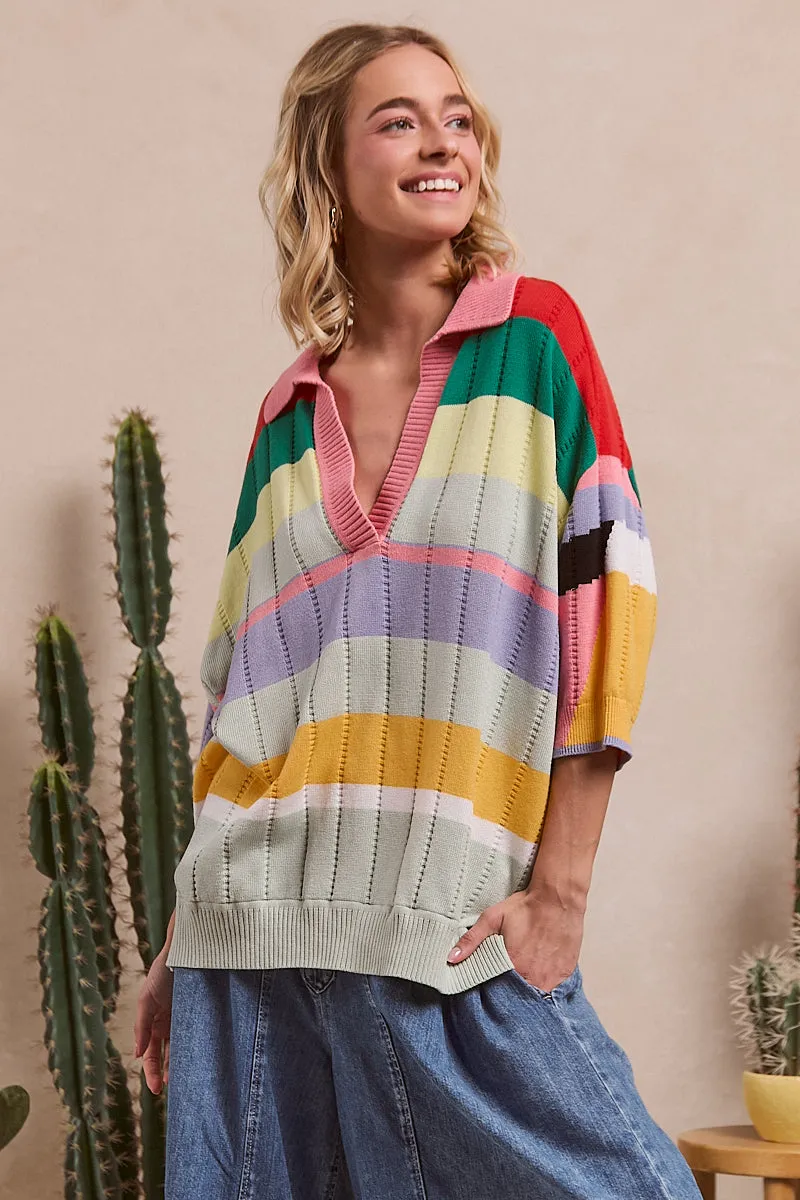 IT4210-01 | MULTI COLOR STRIPES HALF SLEEVES COLLARED V-NECK SWEATER EcoFriendly Dye
