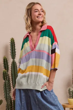 IT4210-01 | MULTI COLOR STRIPES HALF SLEEVES COLLARED V-NECK SWEATER EcoFriendly Dye