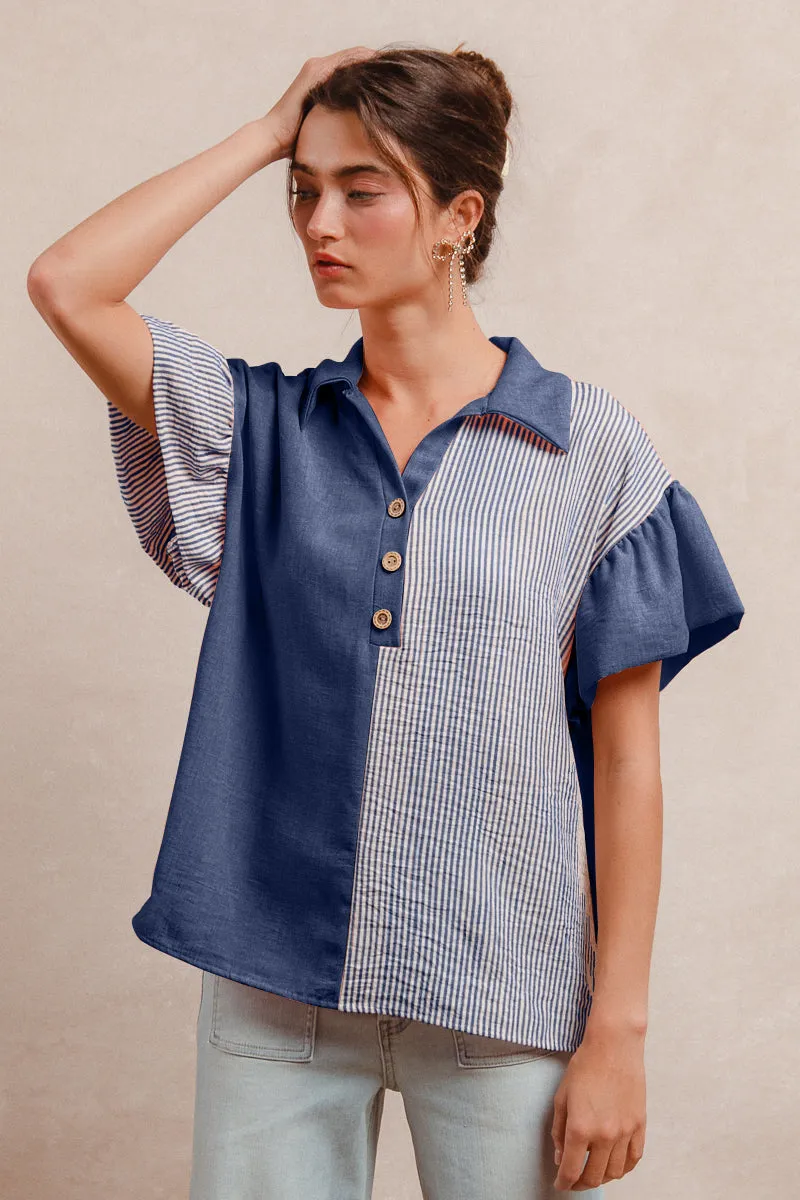 Moisture Wicking Material Double stitching IT4219S-02M | SOLID AND STRIPE WOVEN MIX AND MATCH BUTTONED RUFFLED SLEEVES TOP