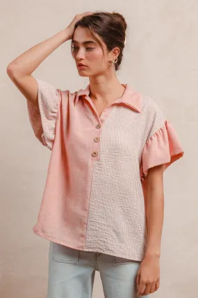 Fade Resistant IT4219S-02M | SOLID AND STRIPE WOVEN MIX AND MATCH BUTTONED RUFFLED SLEEVES TOP
