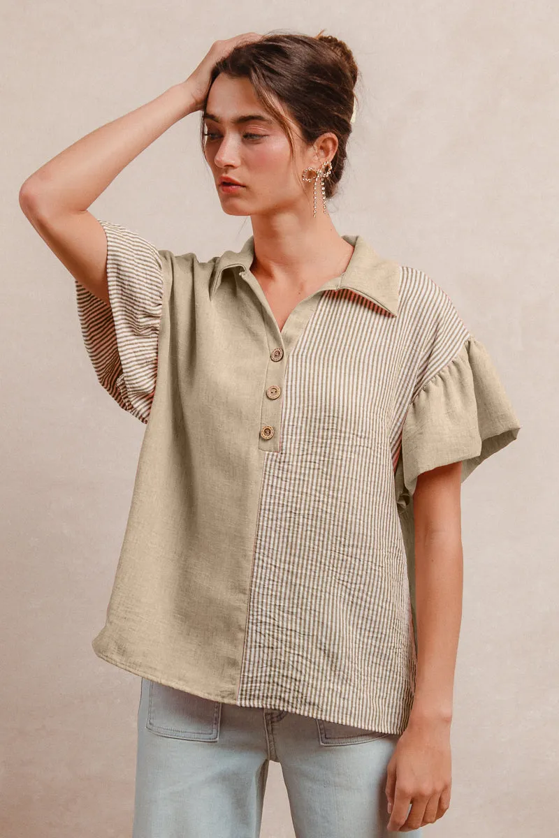 IT4219S-02M | SOLID AND STRIPE WOVEN MIX AND MATCH BUTTONED RUFFLED SLEEVES TOP Ventilation Panels Waterproof Design