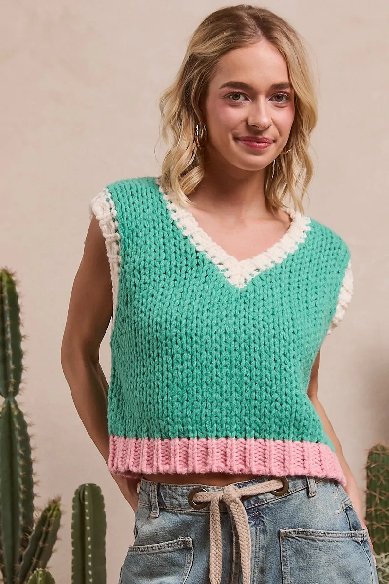 IT4222-01 | COLOR BLOCK SLEEVELESS SWEATER TOP Chill Day Layer Cold Resist