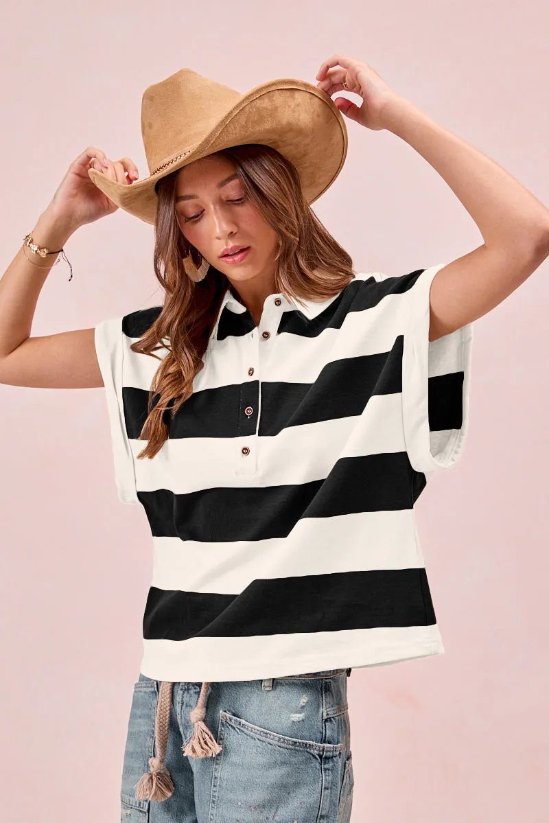 NonIrritatingTags IT4255S-01 | WIDE STRIPE BUTTONED COLLARED TOP