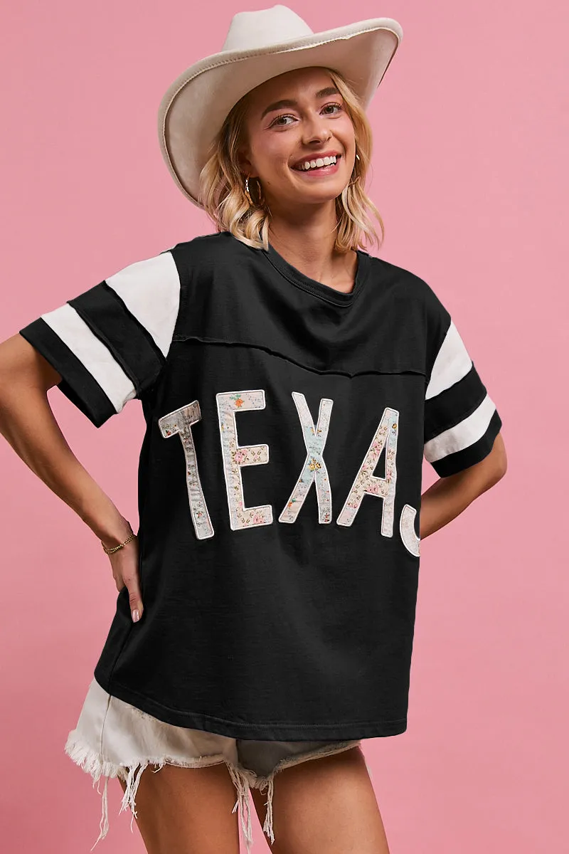 IT4260-01 | FLORAL PRINT MIX AND MATCH WITH TEXAS LETTERING SHORT SLEEVES TOP Dry Weather Look Cold Day Look