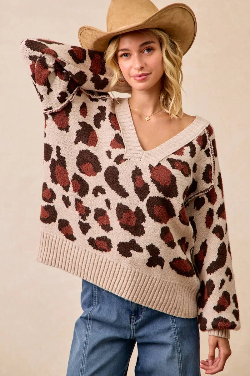 Minimal Vibe IT4298R-02 | LEOPARD PATTERN RIB BANDED V-NECK SWEATER TOP