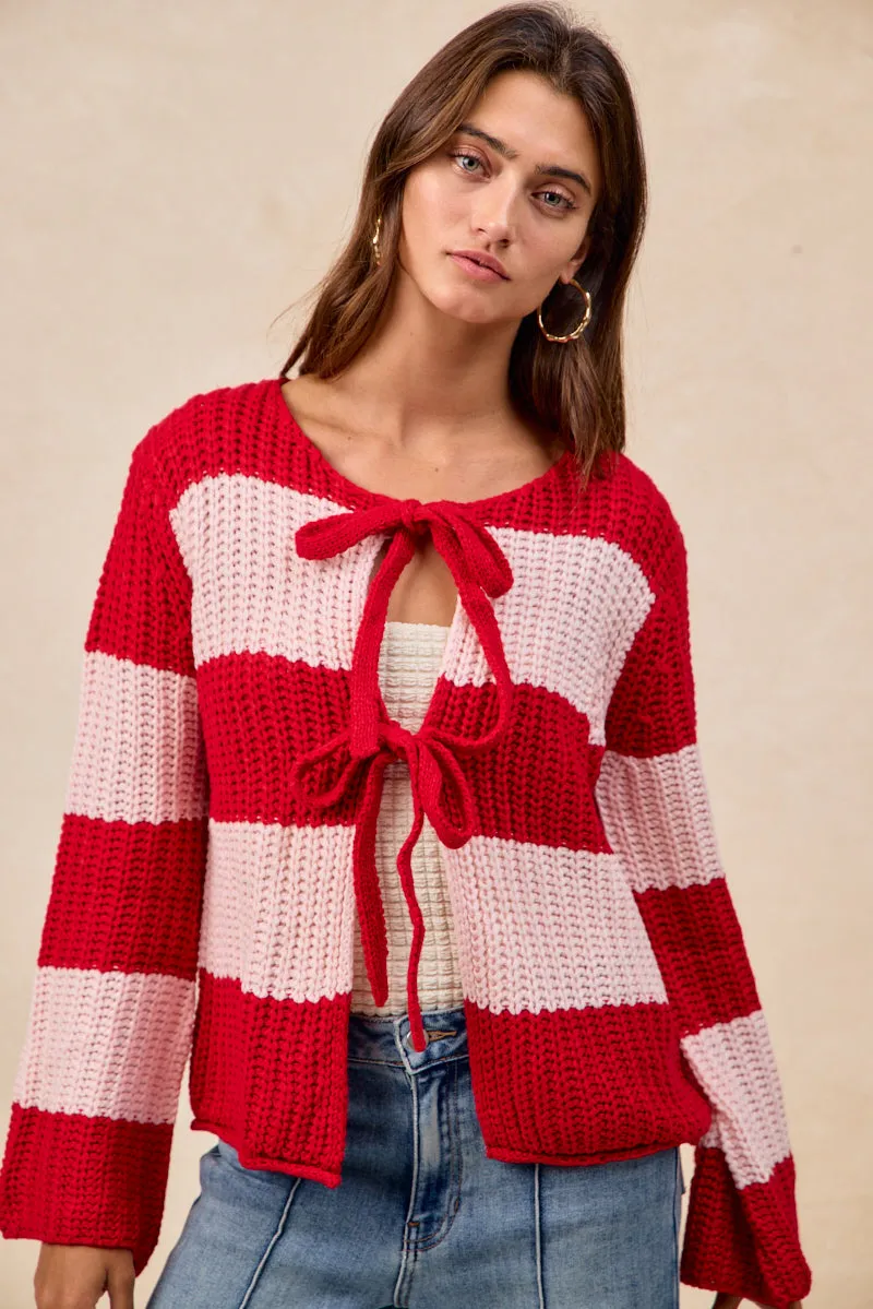 IT4322G-04 | STRIPES LOOSE GAUGE SWEATER TOP WITH BOW TIED NonRestrictive MicrofiberTech
