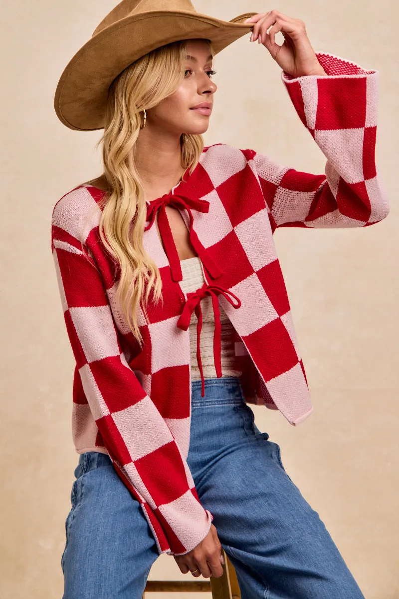 Reinforced Stitching IT4322G-05 | VALENTINE'S CHECKER SWEATER TOP WITH BOW TIED