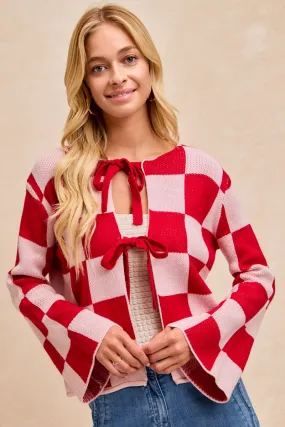 IT4322G-05 | VALENTINE'S CHECKER SWEATER TOP WITH BOW TIED Stretchable Cuffs Evening Chill Piece