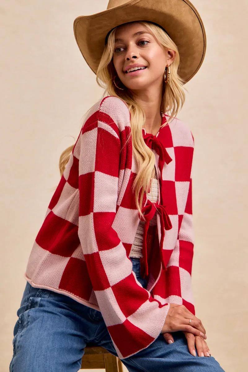 Stretchable Cuffs Packable Feature IT4322G-05 | VALENTINE'S CHECKER SWEATER TOP WITH BOW TIED