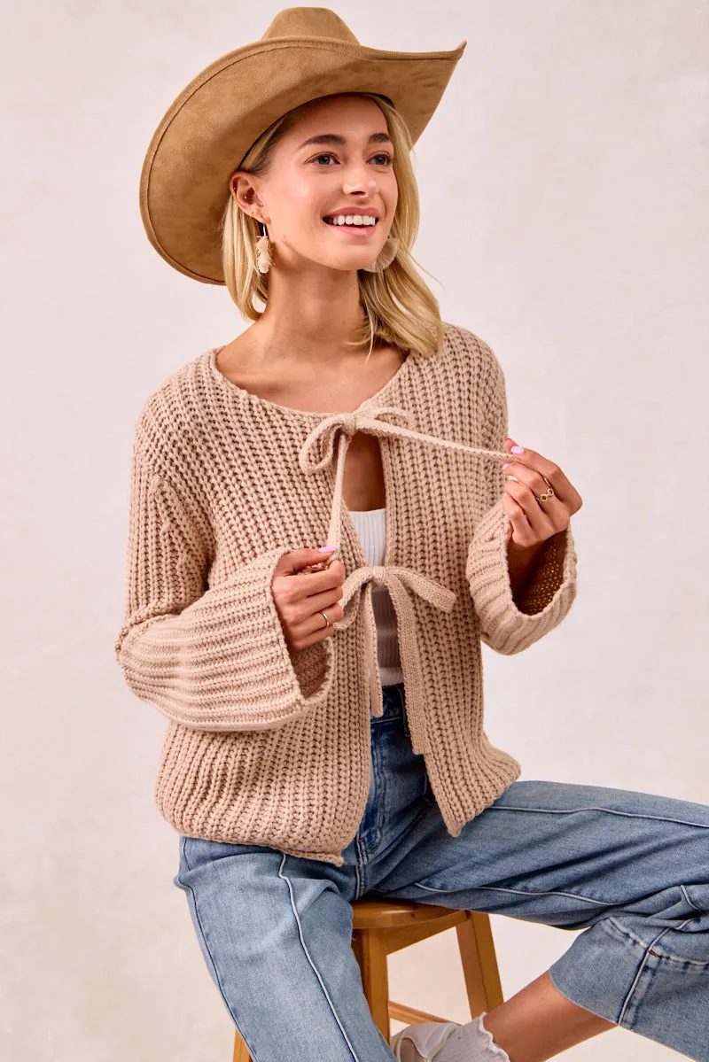 Zippered Closures IT4322R-01 | SOLID LOOSE GAUGE KNIT SWEATER TOP WITH BOW TIED