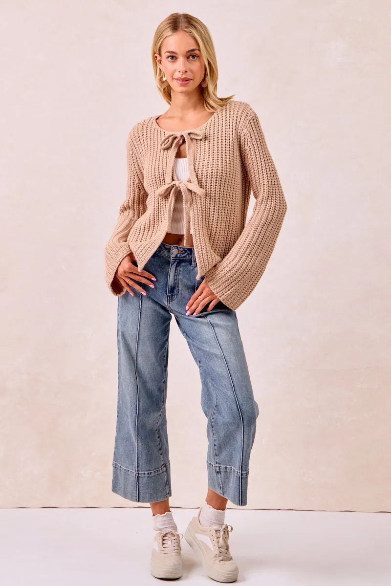 IT4322R-01 | SOLID LOOSE GAUGE KNIT SWEATER TOP WITH BOW TIED Durable Water Repellent