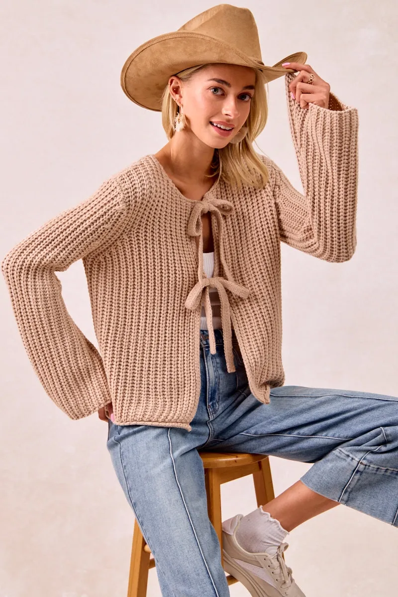 Cuffs Adjust WaterRepellentFabric IT4322R-01 | SOLID LOOSE GAUGE KNIT SWEATER TOP WITH BOW TIED