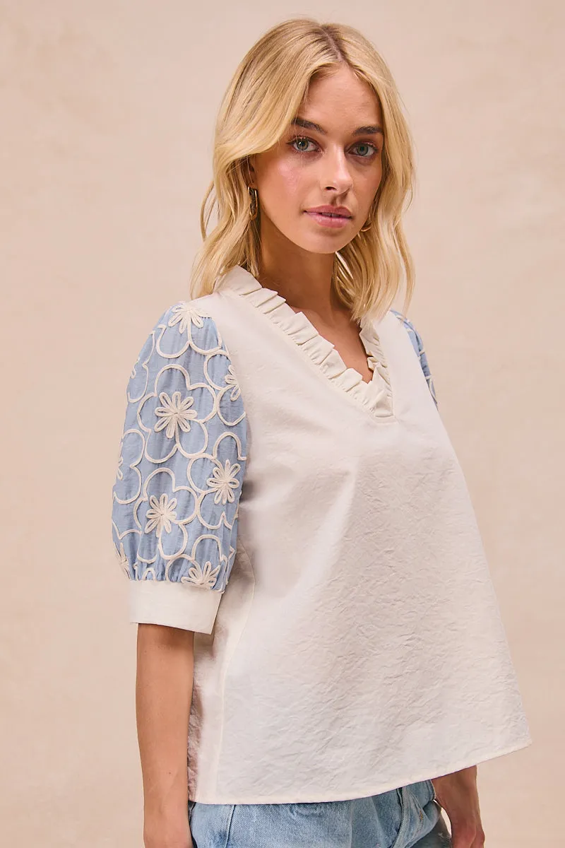 IT4330S-01 | SOLID WOVEN OUTLINED FLOWER SLEEVES PUFF SLEEVES RUFFLED V NECK TOP Day To Day GlowInTheDarkAccents