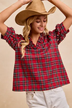 Coral Soft Lounge Comfort IT4330S-03 | CHRISTMAS PLAID BEADED SLEEVES RUFFLED V NECK TOP