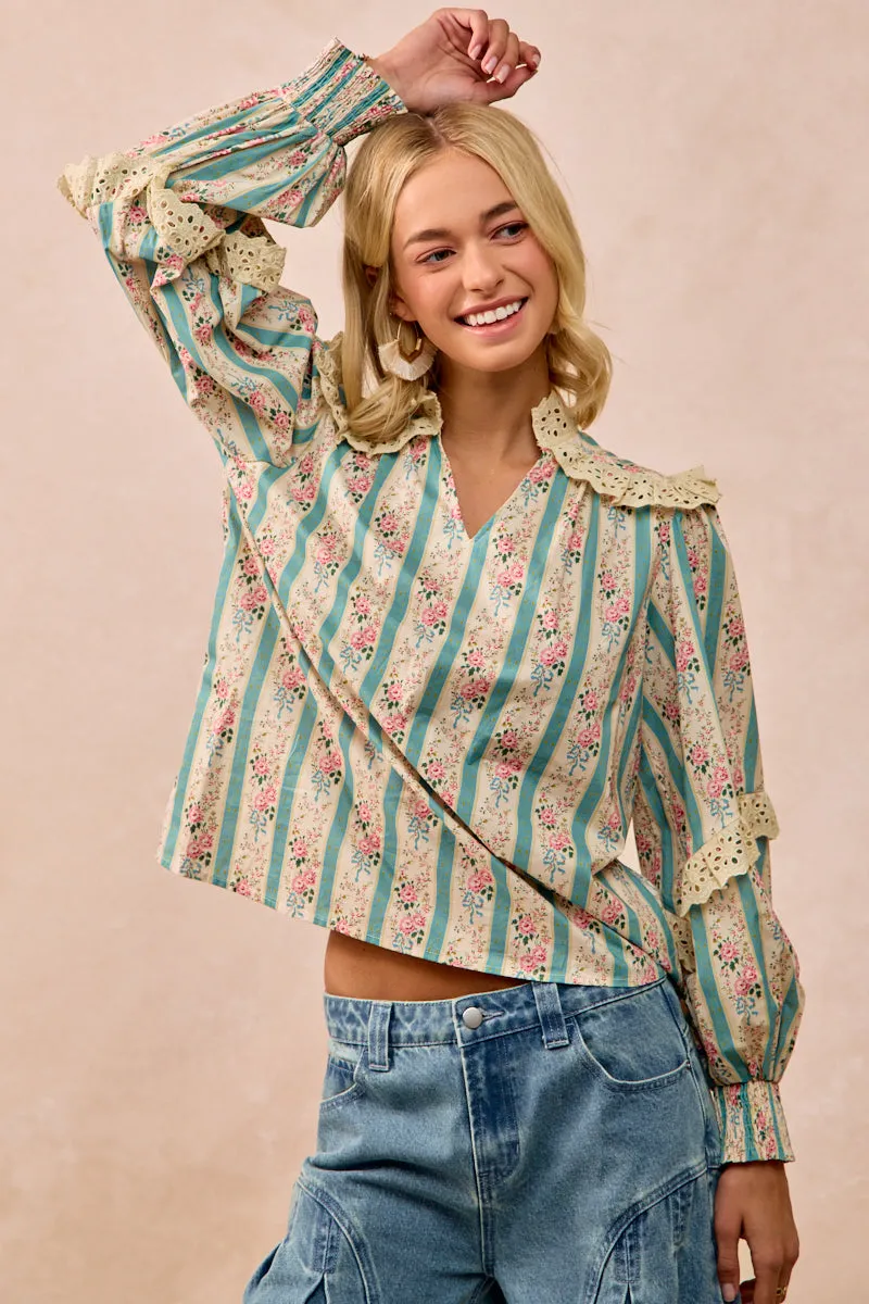 IT4342-01 | FLORAL STRIPED TOP WITH LACE TRIM AND LONG SLEEVES Versatile Layering Piece