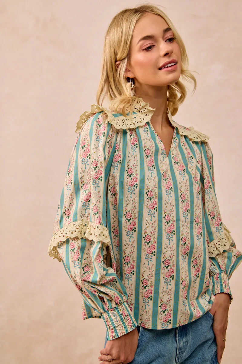 NonIrritatingSeams IT4342-01 | FLORAL STRIPED TOP WITH LACE TRIM AND LONG SLEEVES
