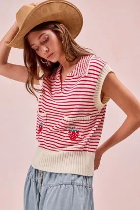Flexible Ribbing Ergonomic Cut IT4351S-02P | STRIPE KNIT STRAWBERRY DOUBLE POCKET COLLAREDTOP