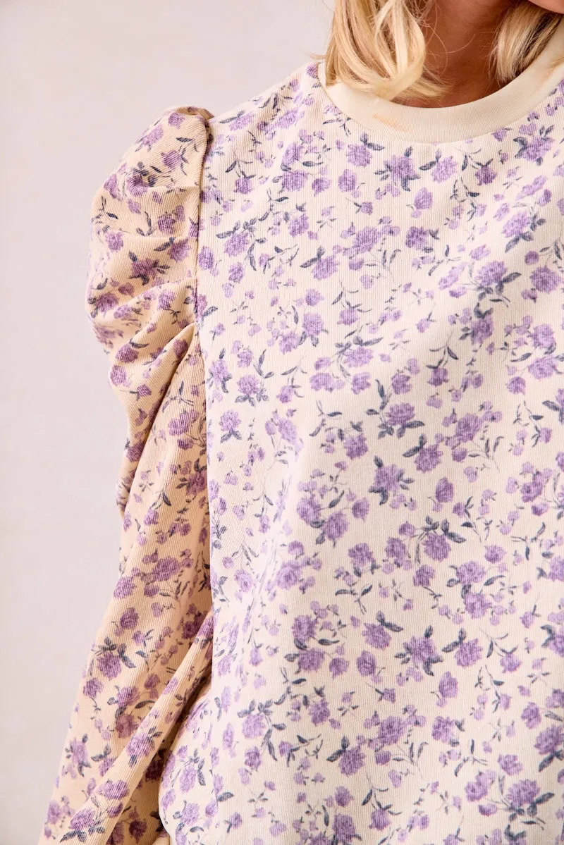 QuickDry Technology IT4360G-02 | FLORAL PRINTED CORDUROY EXAGGERATED SHOULDER SLEEVES TOP