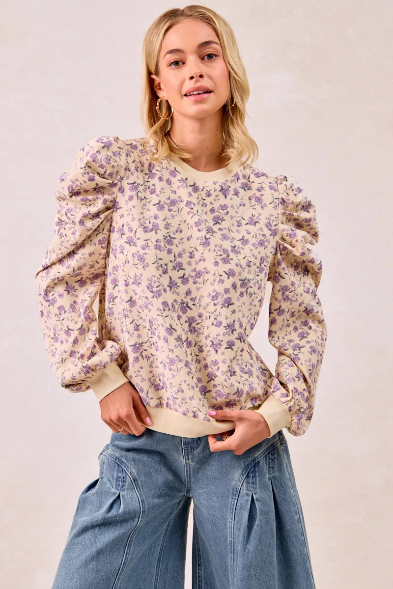 IT4360G-02 | FLORAL PRINTED CORDUROY EXAGGERATED SHOULDER SLEEVES TOP Fashion Blouse Ergonomic Shoulder Shape