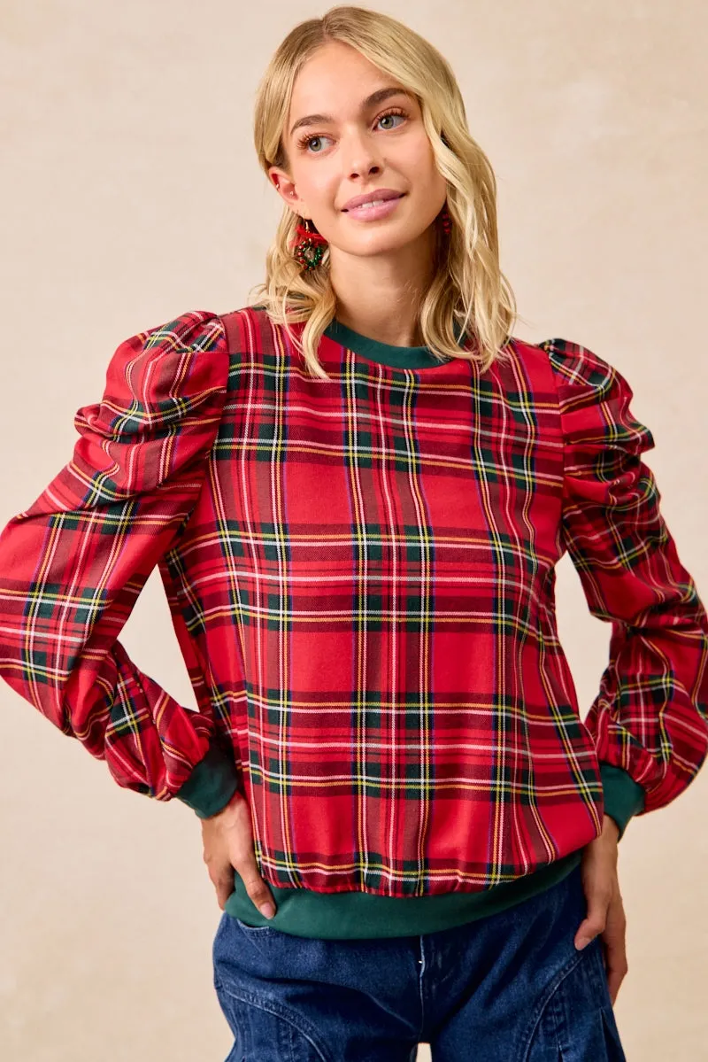 IT4360G-04 | CHRISTMAS PLAID EXAGGERATED SHOULDER SLEEVES TOP Move Easy Secure Closures