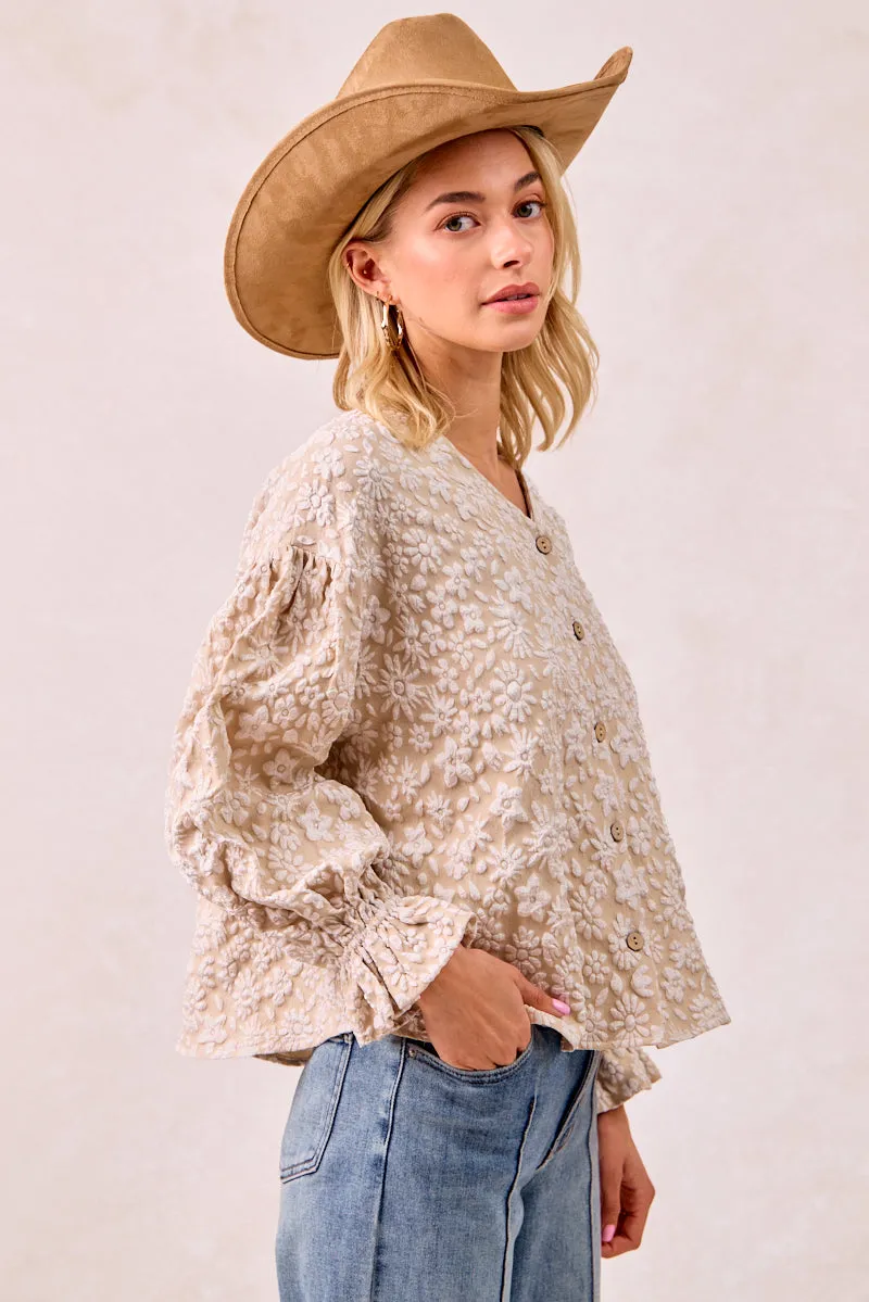 Glow In Dark Trims Hiking Trail Outfit IT4361G-01 | FLORAL PATTERN TEXTURE V-NECK RUFFLED CARDIGAN TOP