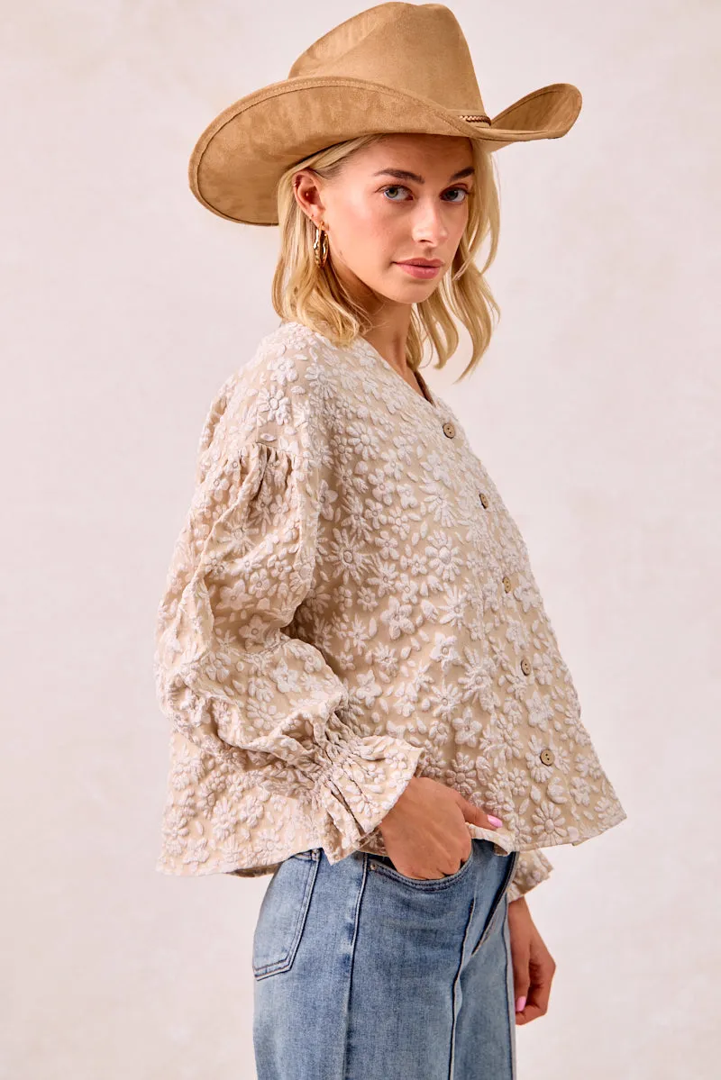 On The Go IT4361G-01 | FLORAL PATTERN TEXTURE V-NECK RUFFLED CARDIGAN TOP